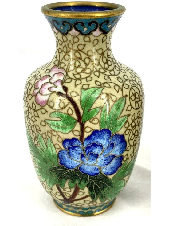 Cloisonne Mini Vases Gold Toned Asian Enamel Vases Floral 4" Tall Vtg Mini - Picture 2 of 8